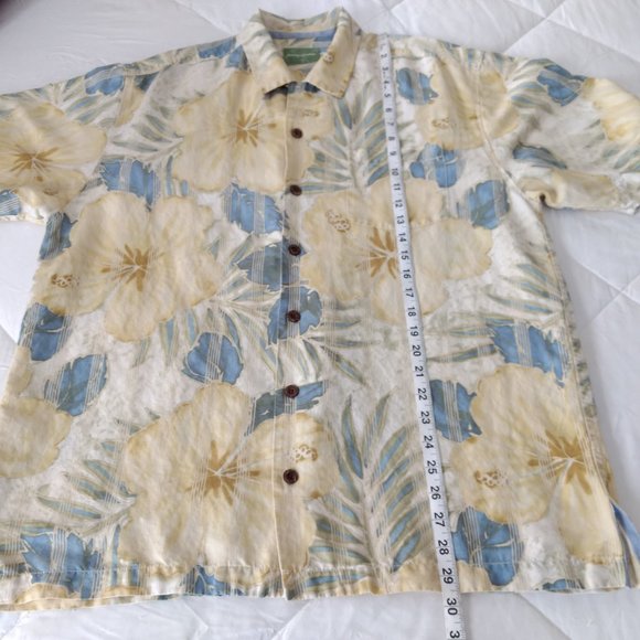 TOMMY BAHAMA Shirt L Yellow Blue Hibiscus Linen Blend Hawaiian Short Sleeve - Picture 12 of 12